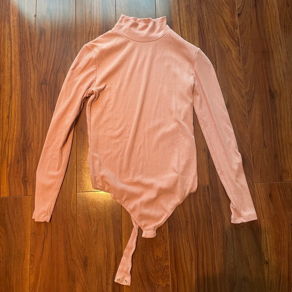 Elodie Blush Pink Ribbed Turtleneck Long Sleeve Bodysuit